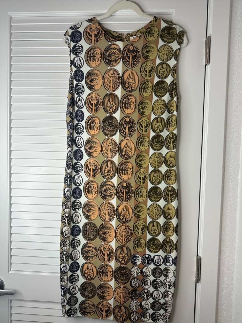 Roberto Cavalli Gold and Black Coin-Print Pencil Dress
